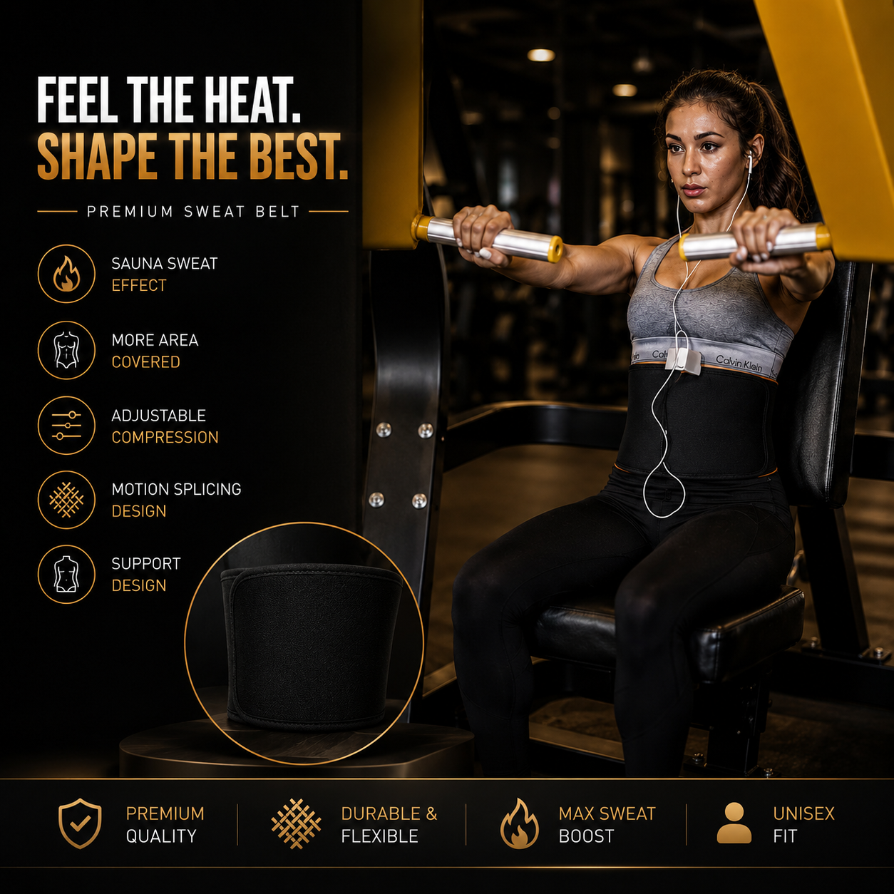 Sweat Belt, Stomach Belt for Women and Men Non-Tearable, Sauna Belt Waist Trainer, Sweat Belt for Men and Women Black