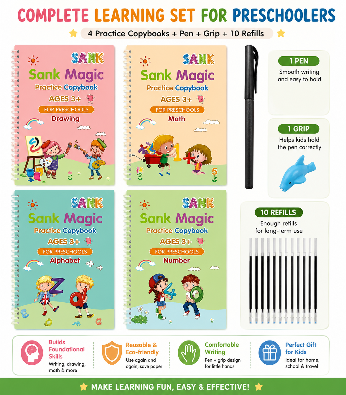 Sank Magic Practice Copybook (4 BOOK +1 PEN + 10 REFILL)