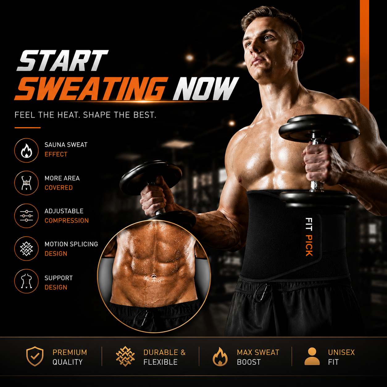 Sweat Belt, Stomach Belt for Women and Men Non-Tearable, Sauna Belt Waist Trainer, Sweat Belt for Men and Women Black
