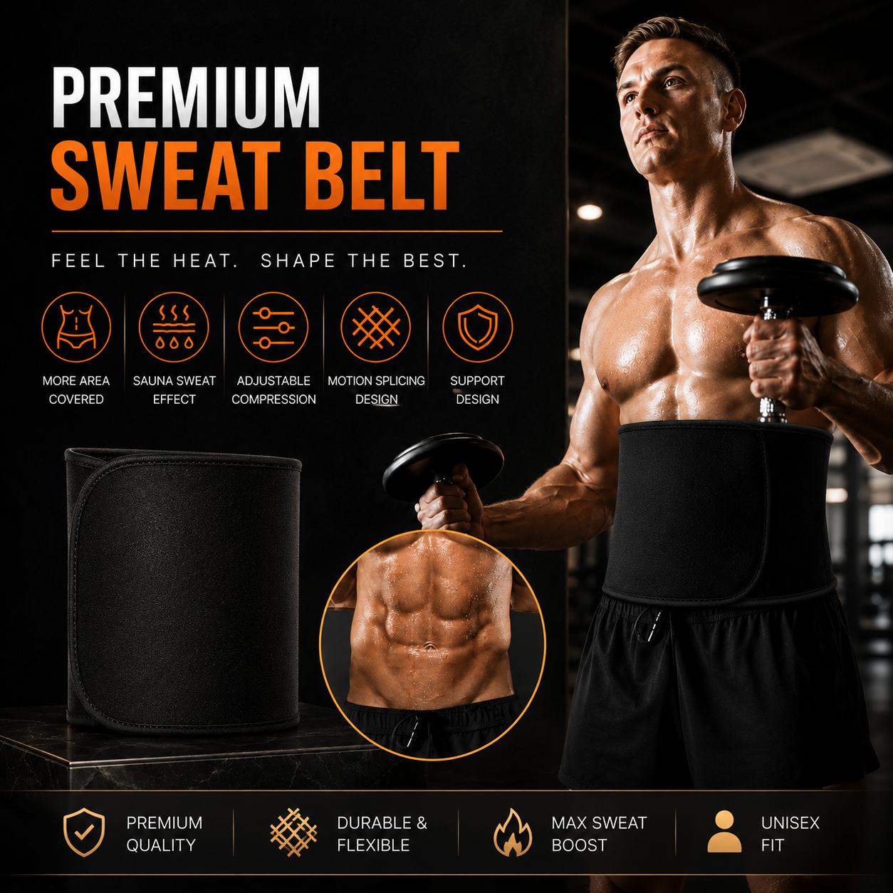 Sweat Belt, Stomach Belt for Women and Men Non-Tearable, Sauna Belt Waist Trainer, Sweat Belt for Men and Women Black