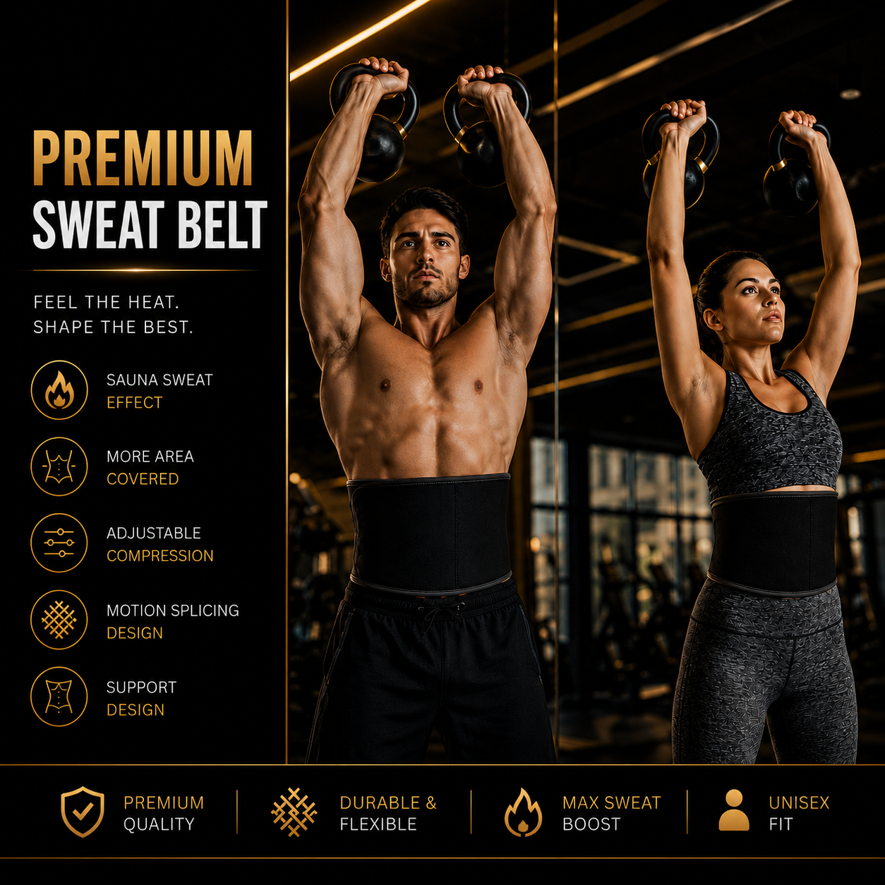 Sweat Belt, Stomach Belt for Women and Men Non-Tearable, Sauna Belt Waist Trainer, Sweat Belt for Men and Women Black